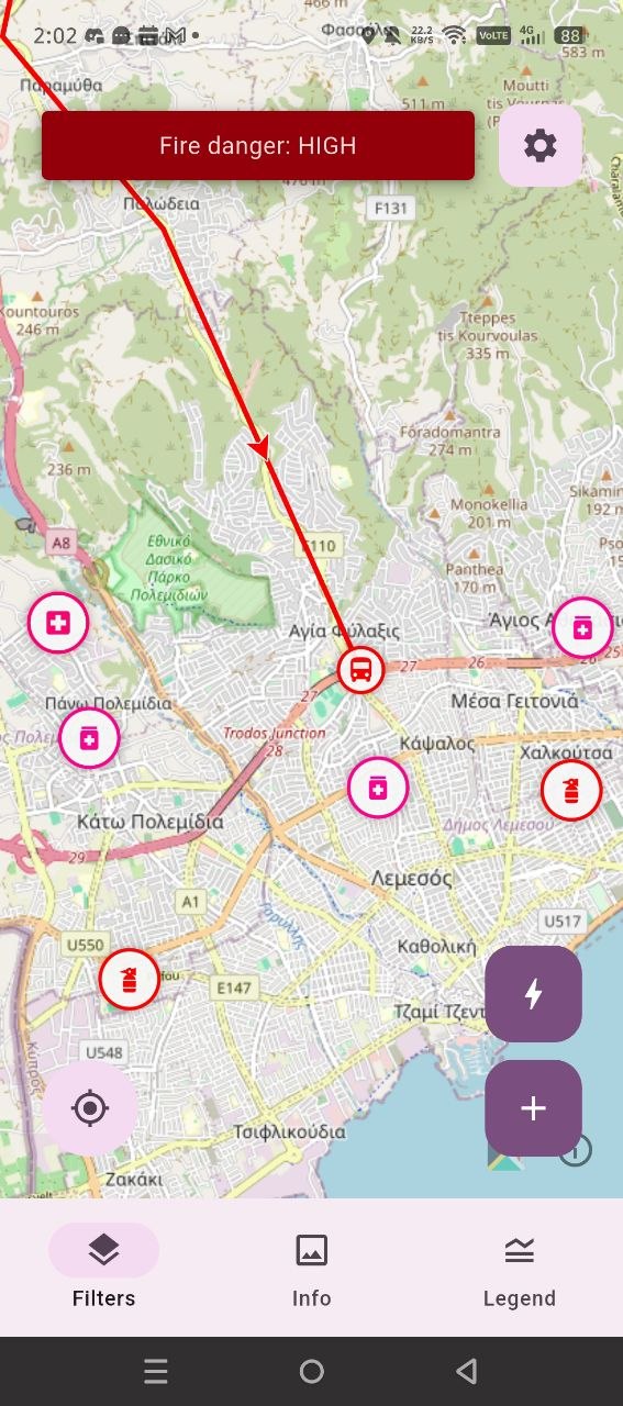 Live incident map with community-reported fires and points of interest near Limassol