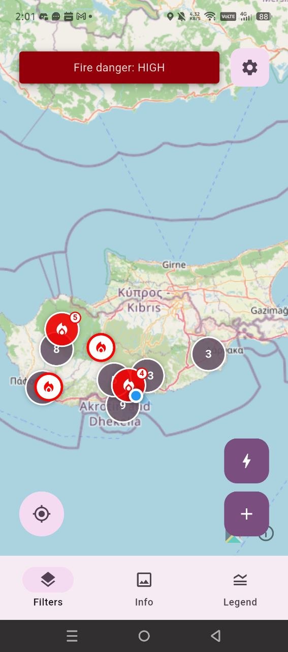 SafeIsland CY app showing live wildfire reports across a map of Cyprus